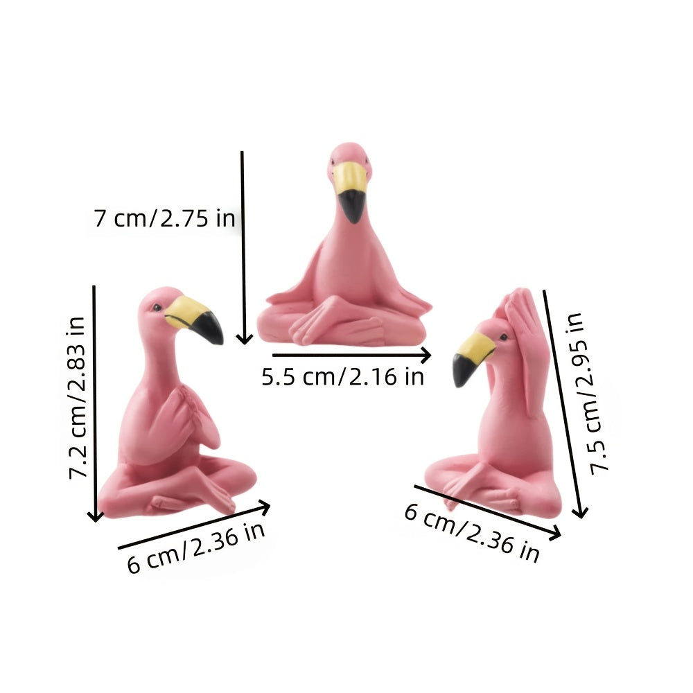 Set med 3 mini-yogaflamingofiletter – söta rosa skrivbords- och trädgårdsskulpturer för zenheminredning och omtänksamma presenter