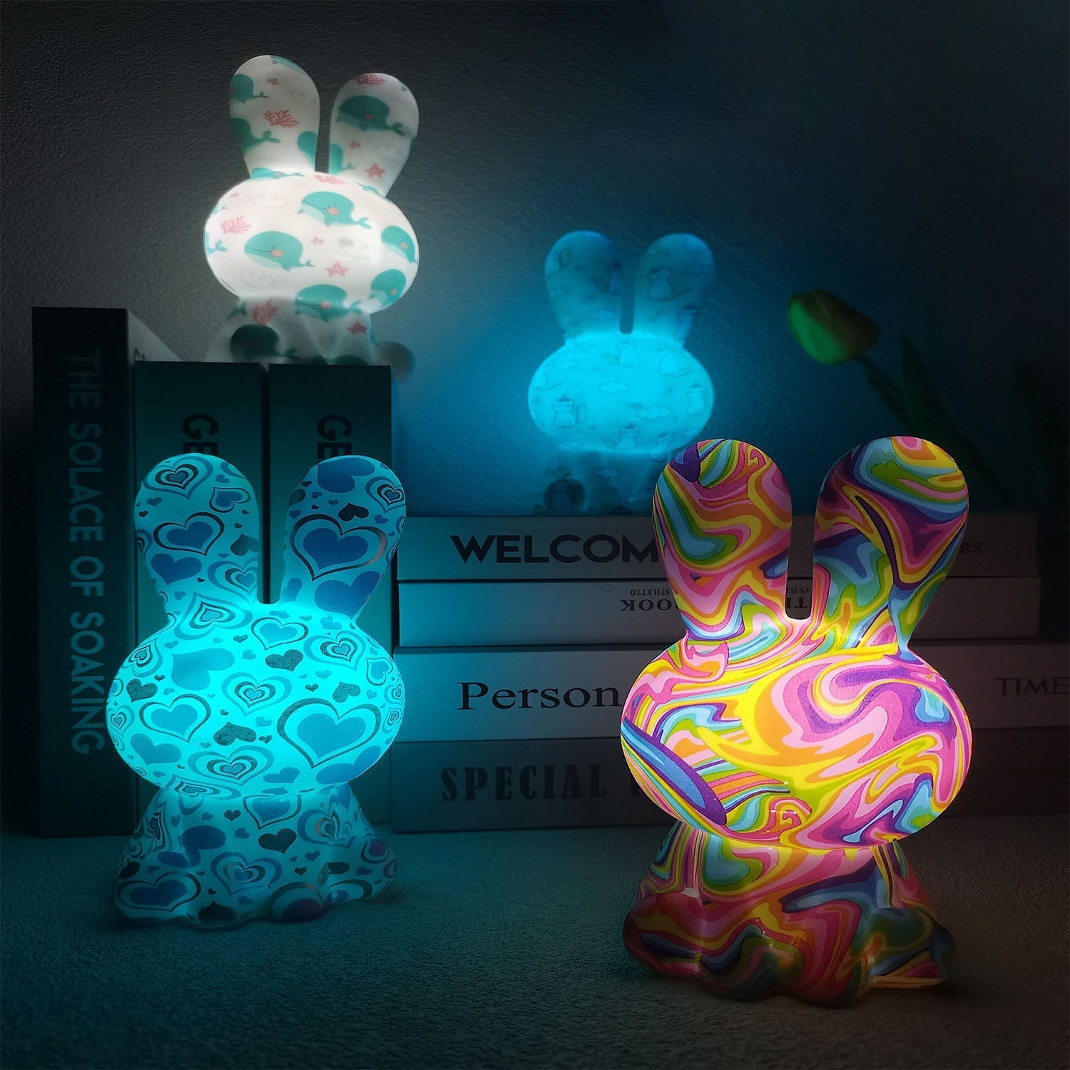RainbowBunny | Kreativ 3D-skriven LED-nattlampa med handmålad design