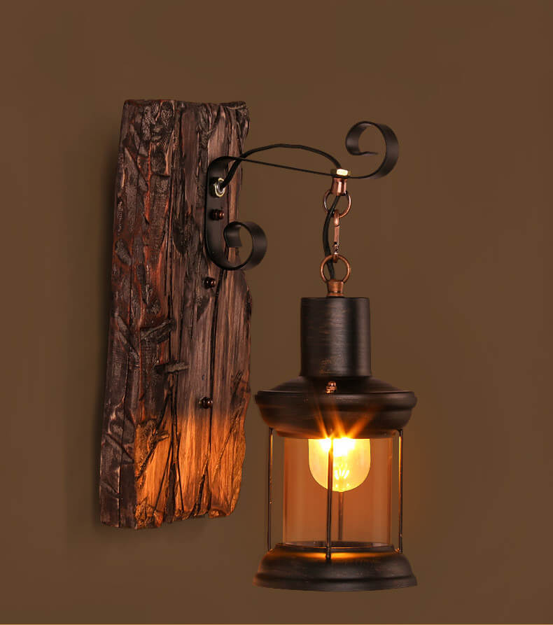 GlowCraft Cylinder Vägglampa – Glas, Iron & Wood Base