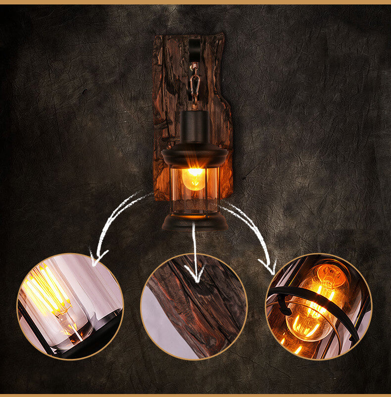 GlowCraft Cylinder Vägglampa – Glas, Iron & Wood Base