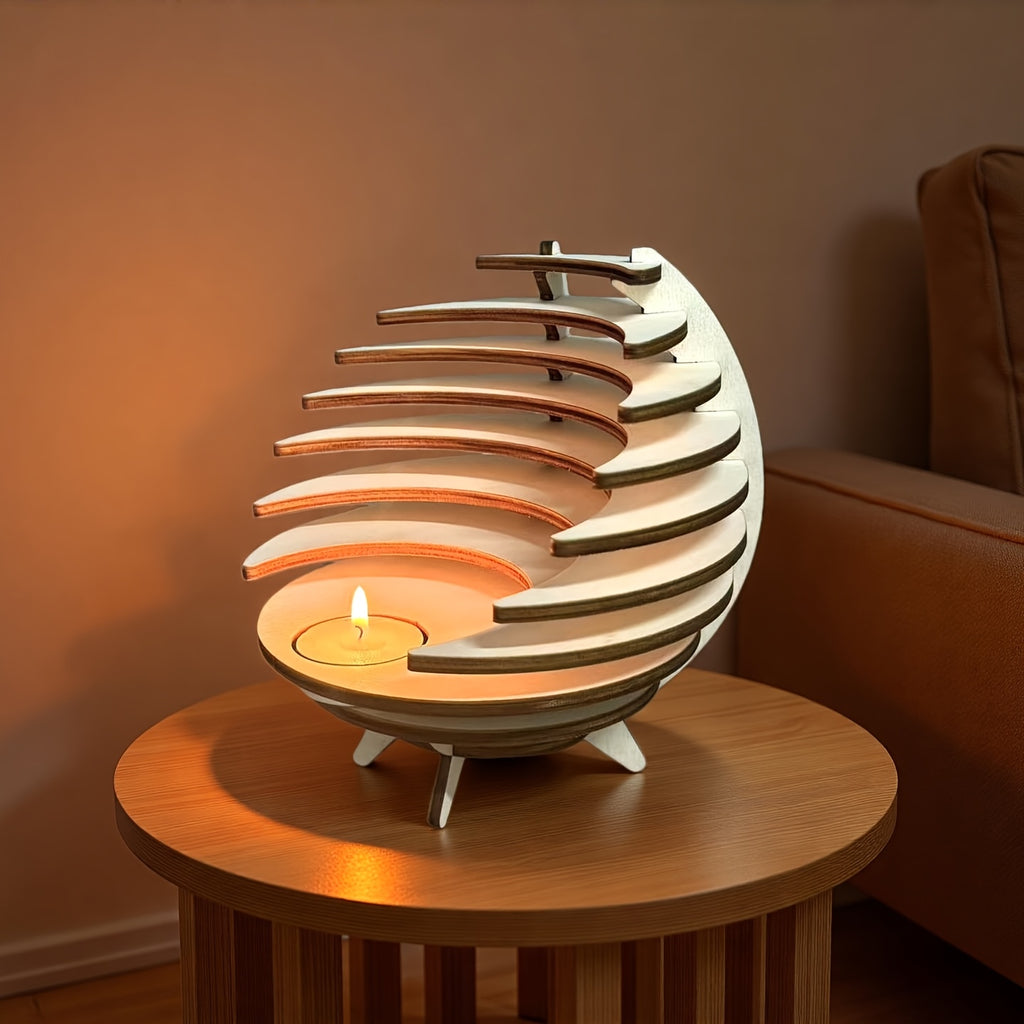 Handgjord ljusstake i trä med halvmåne – Rustik halvcirkeldekor