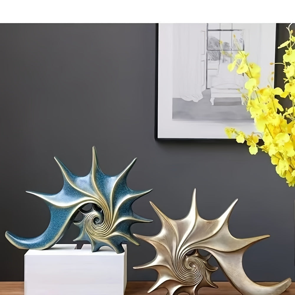 Elegant blå & guld snäckskulptur - Lyxig harts kustfantasi heminredningsdekor