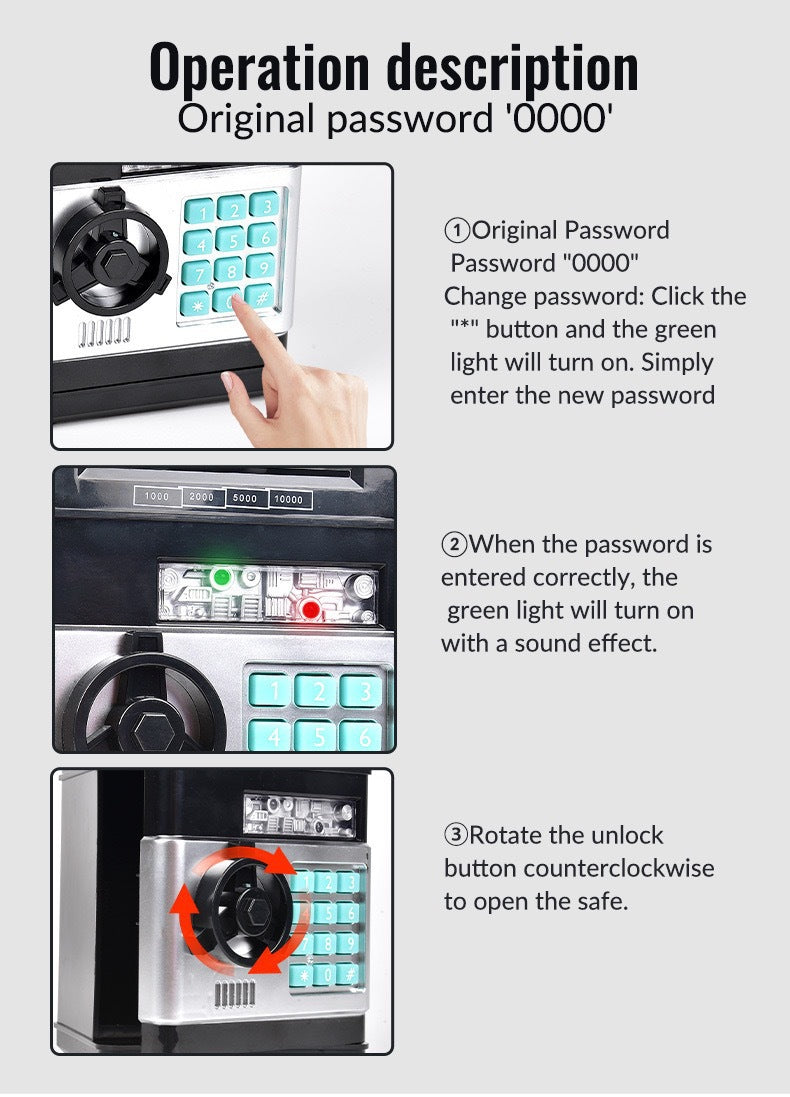 Elektronisk sparbössa för barn - bankomatliknande mynt- och kontantskåp