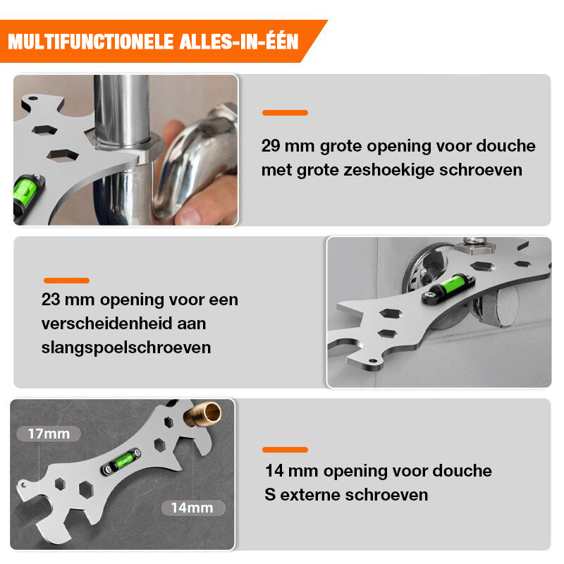 ProGrip 8-i-1 duschventilnyckel – universellt vinkelstoppverktyg med inbyggt vattenpass