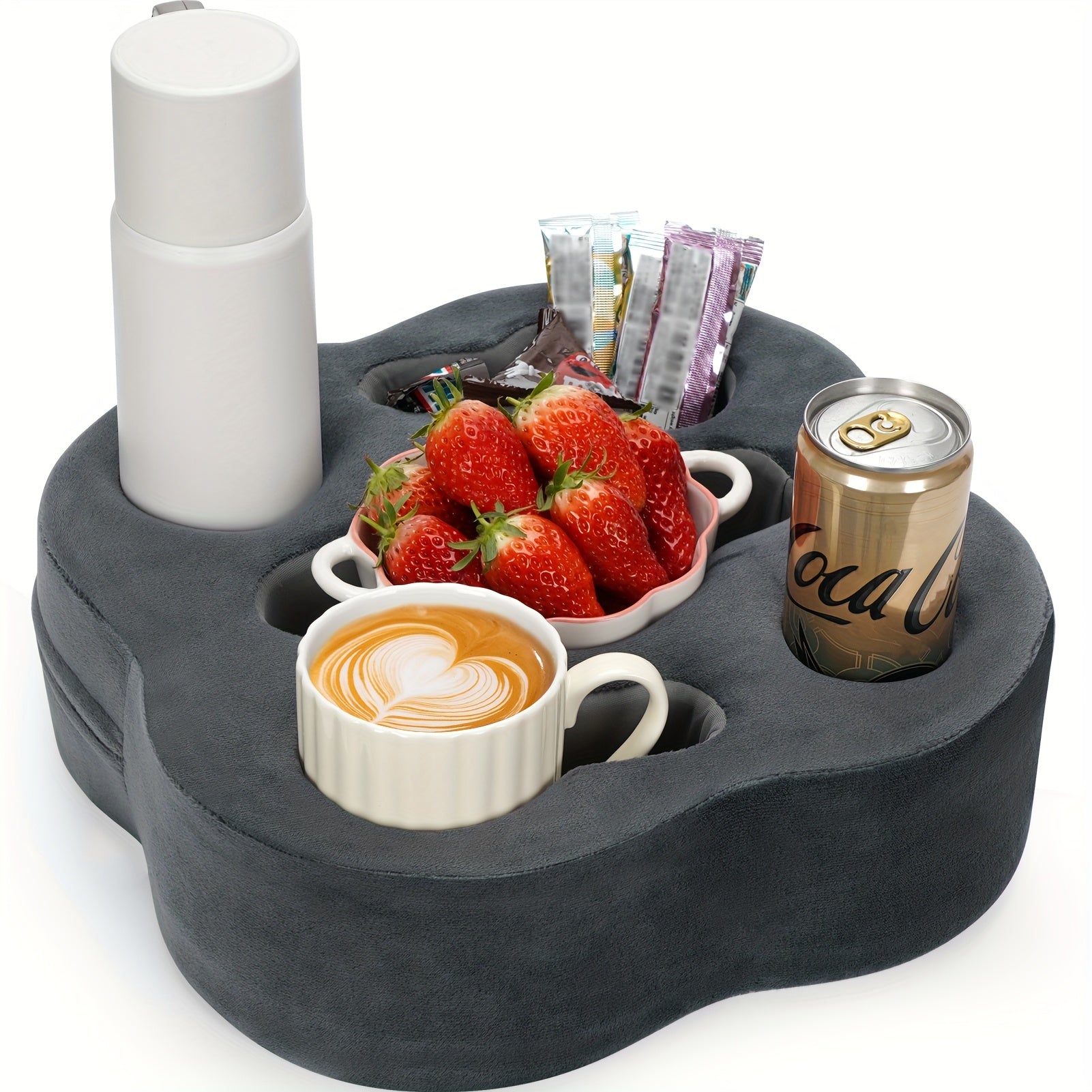 Bärbar soffa med mugghållare och kudde – plyschbricka för drycker, fjärrkontroller och tillbehör