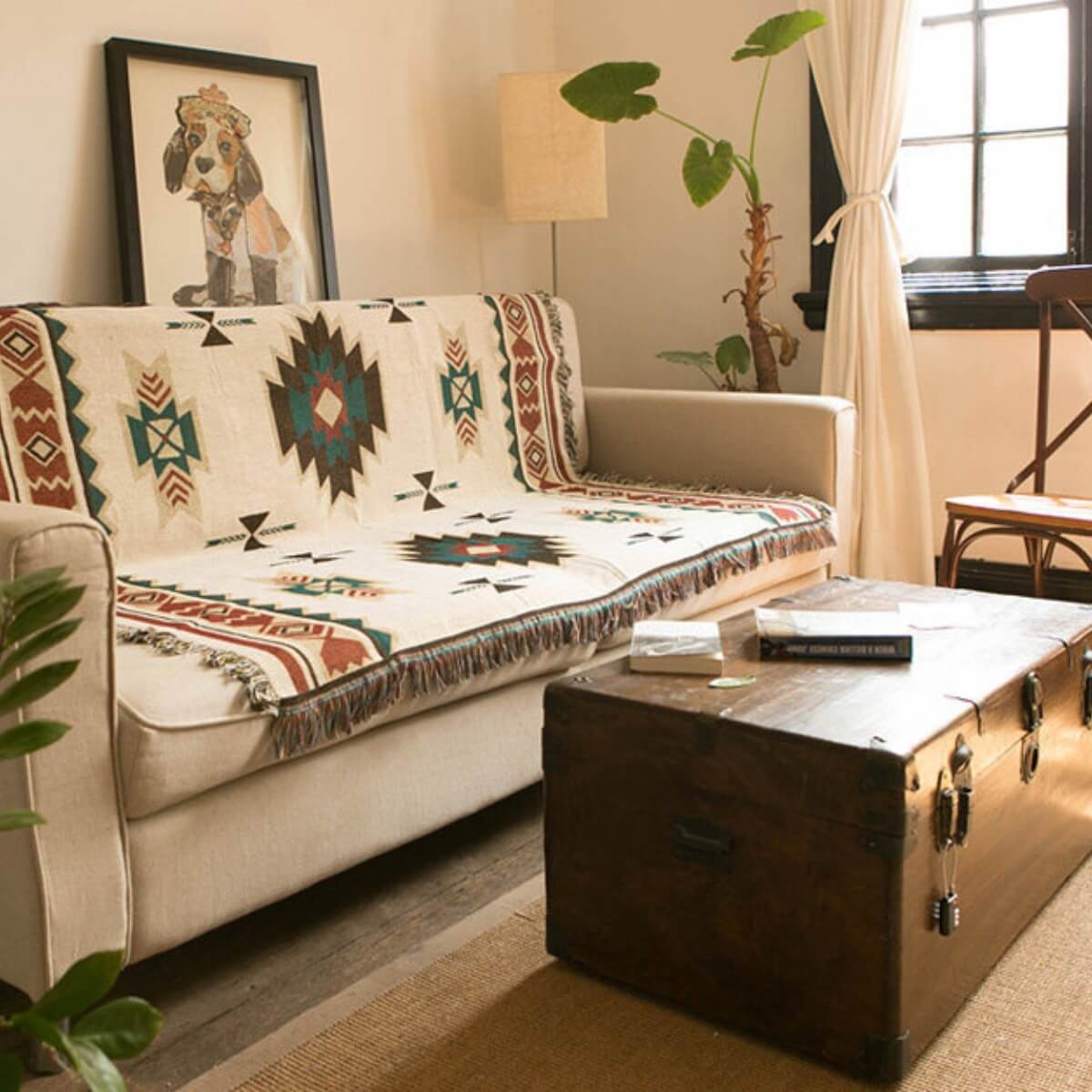 Dekorativ filt i bohemisk stil – Pläd med livfullt tribalmönster