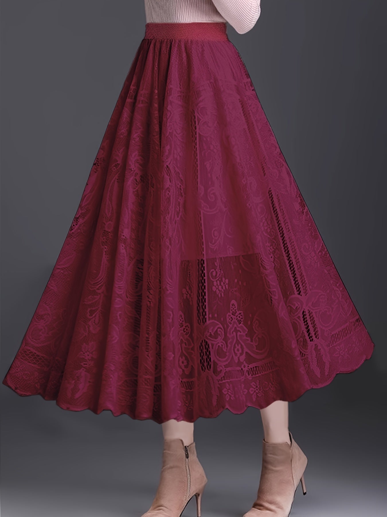 Midikjol med spetskant för kvinnor – Elegant A-linjekjol med vågig fåll