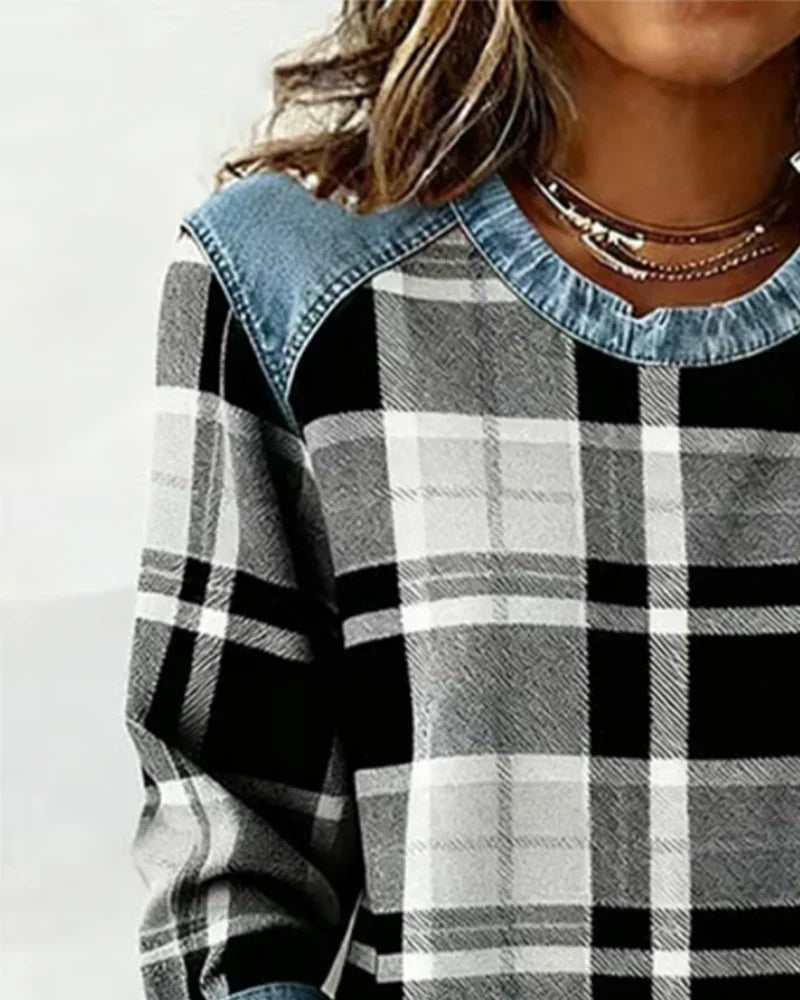 Rutig stickad tröja för kvinnor – Långärmad, avslappnad pullover med denimmönster