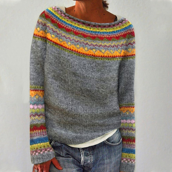 Jessamy | Jacquardstickad tröja med rund hals och Fair Isle-mönster – långärmad modell med ribbade kanter