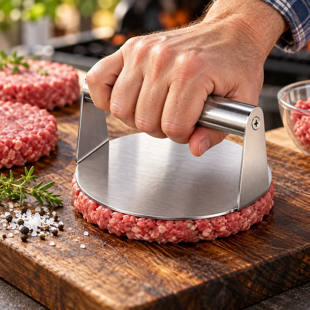 Hamburgarpress med plan botten – köksredskap med integrerat handtag och plan pressyta