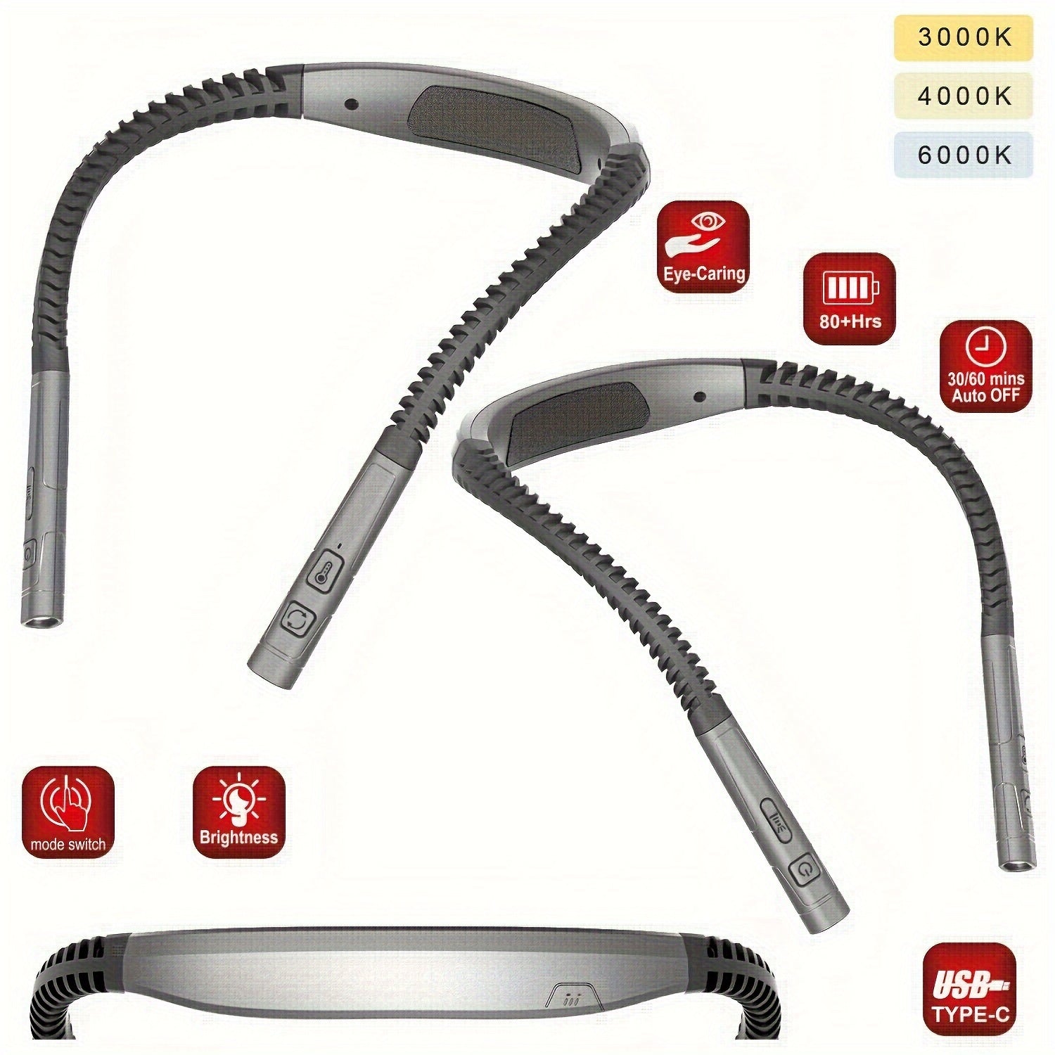 Uppladdningsbar läslampa för nacken – Dimbar handsfree LED-boklampa