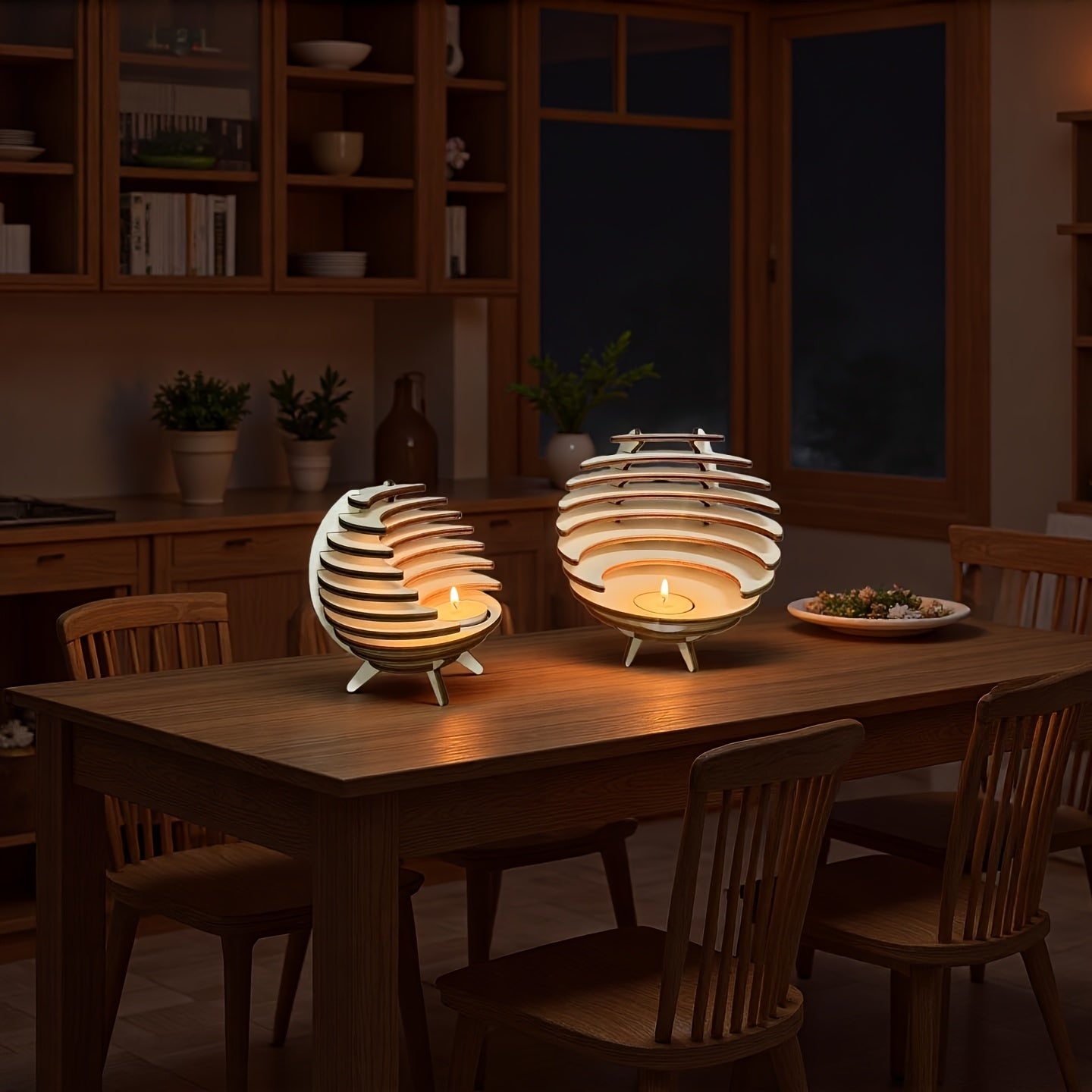 Handgjord ljusstake i trä med halvmåne – Rustik halvcirkeldekor