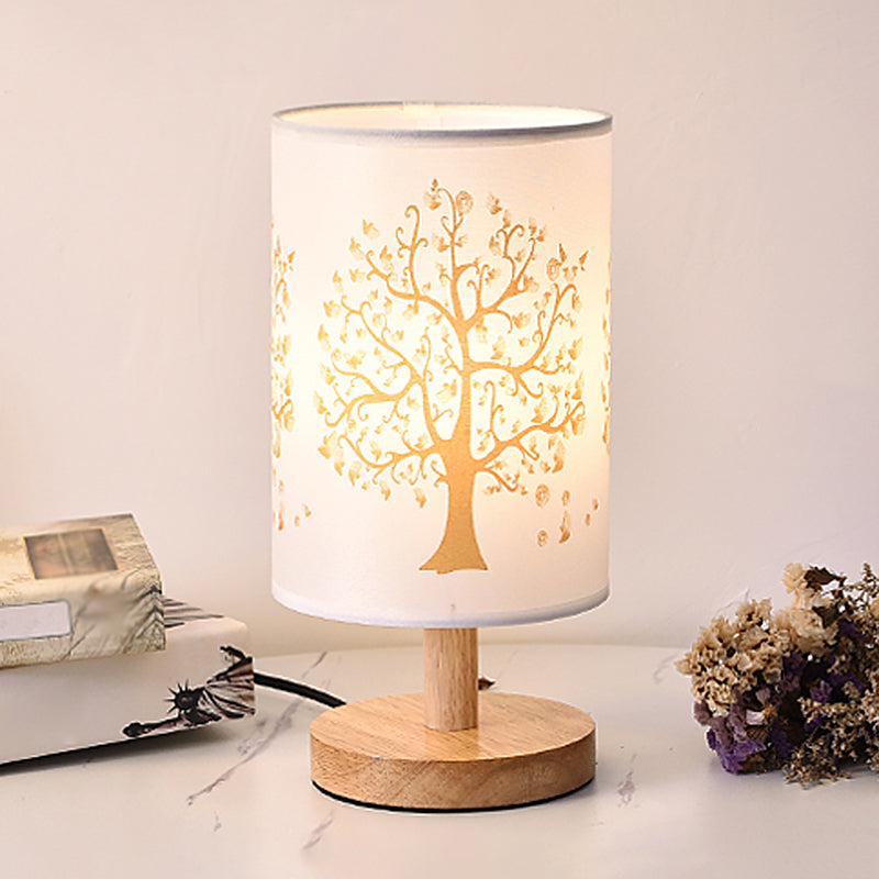 Minimalistisk cylindrig sänglampa – Soft Glow med tryckt tygskärm