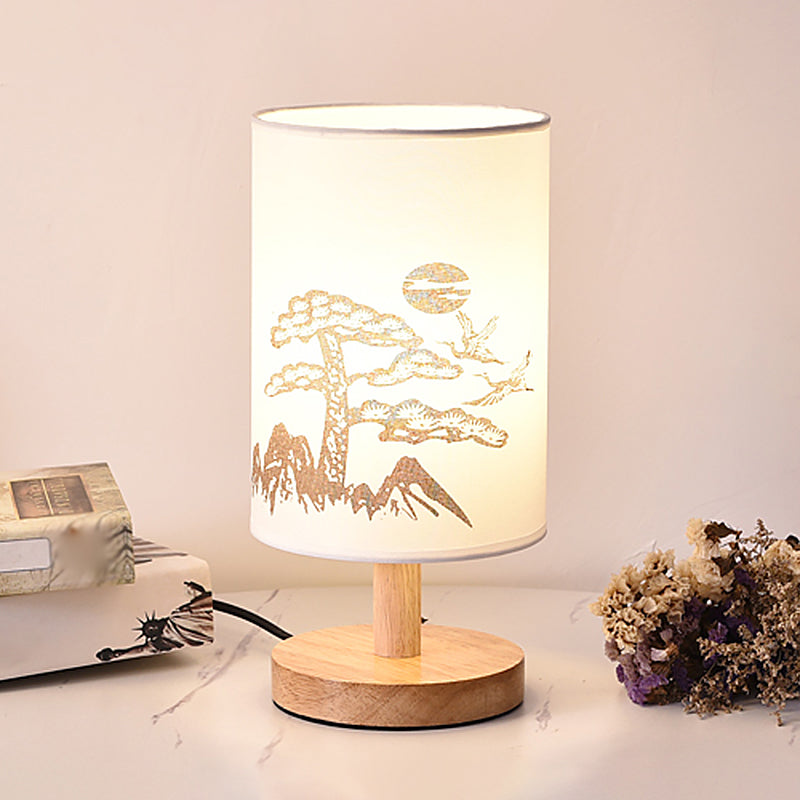 Minimalistisk cylindrig sänglampa – Soft Glow med tryckt tygskärm