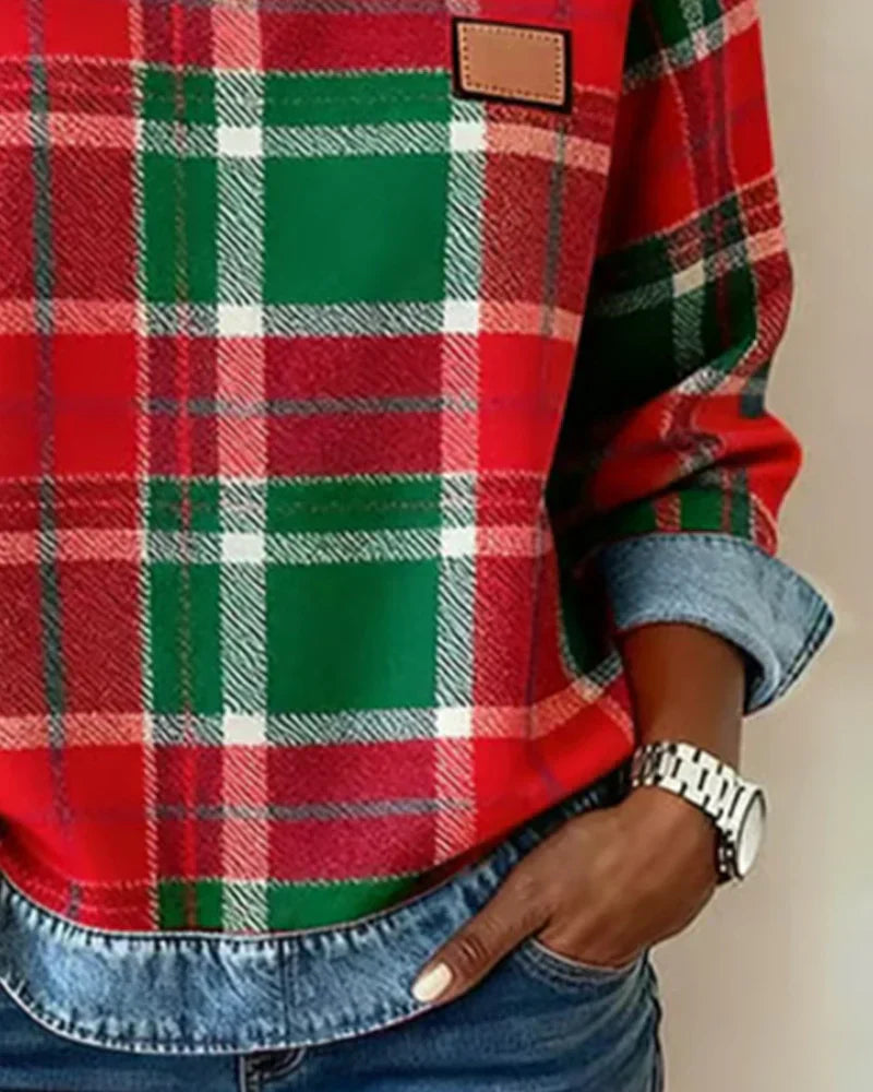 Rutig stickad tröja för kvinnor – Långärmad, avslappnad pullover med denimmönster