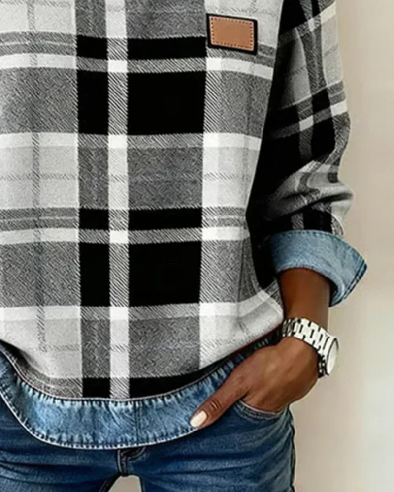 Rutig stickad tröja för kvinnor – Långärmad, avslappnad pullover med denimmönster