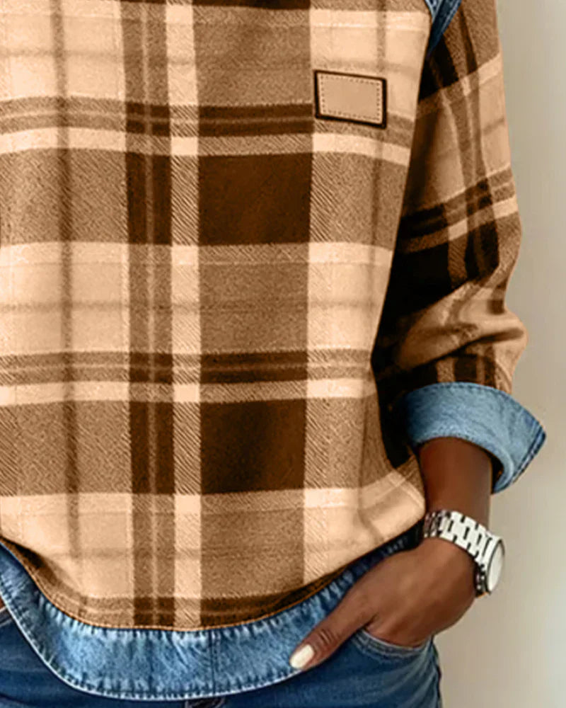Rutig stickad tröja för kvinnor – Långärmad, avslappnad pullover med denimmönster