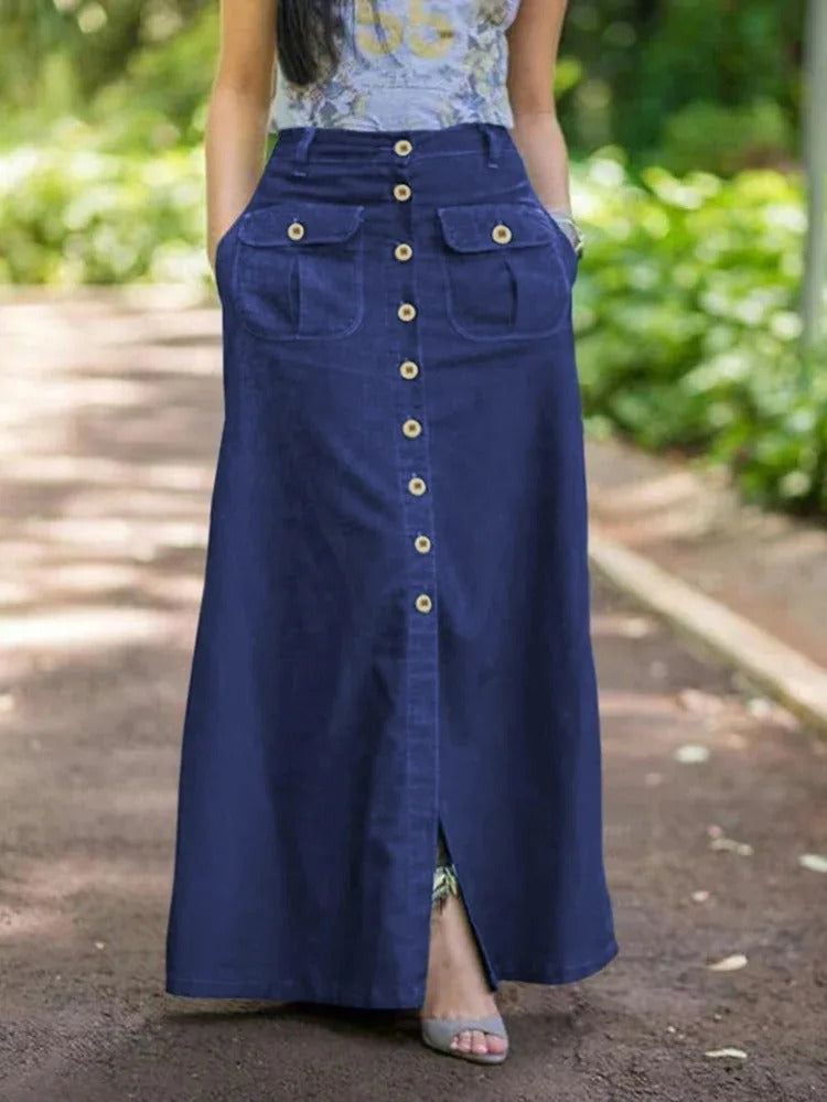 Dam Retro Wash Denim Maxikjol – Högmidjad vintagejeanskjol med enkel street-look