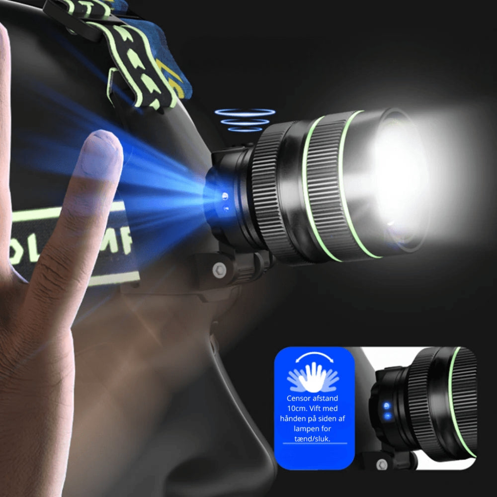 Ultraljusstark LED-pannlampa på 10 000 lumen – Uppladdningsbar handsfree-pannlampa med justerbar fokus och inbyggd powerbankfunktion