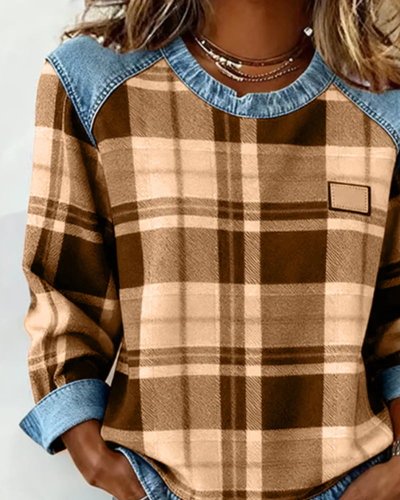 Rutig stickad tröja för kvinnor – Långärmad, avslappnad pullover med denimmönster