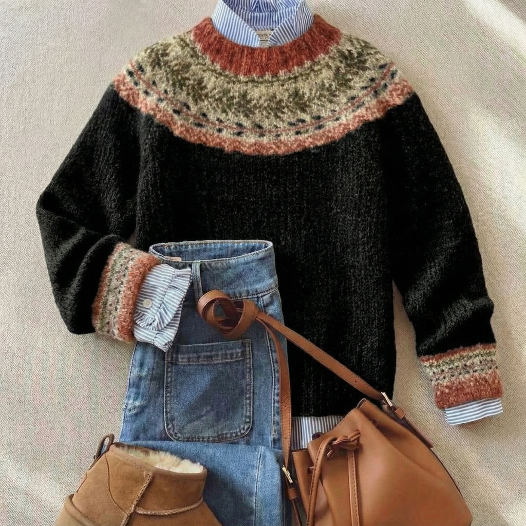Liselott  Tröja med rund hals och Fair Isle-mönster vid oket – ledig tröja med lager-på-lager-look