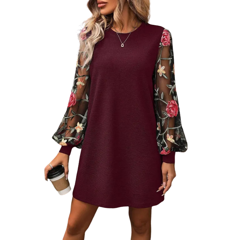 Isolda | Floral-Embroidered Mesh-Sleeve Dress Long-Sleeve Crew-Neck Cocktail Dress