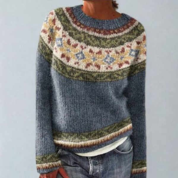 Jessamy | Jacquardstickad tröja med rund hals och Fair Isle-mönster – långärmad modell med ribbade kanter