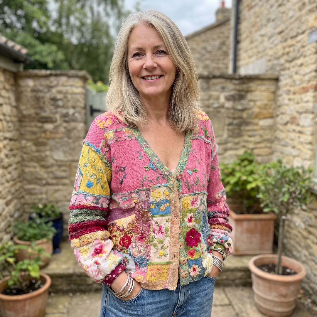 Morwenna | Hantverksmässig kofta med knäppning, V-ringning och avslappnad passform – stickad i blommigt patchwork-mönster