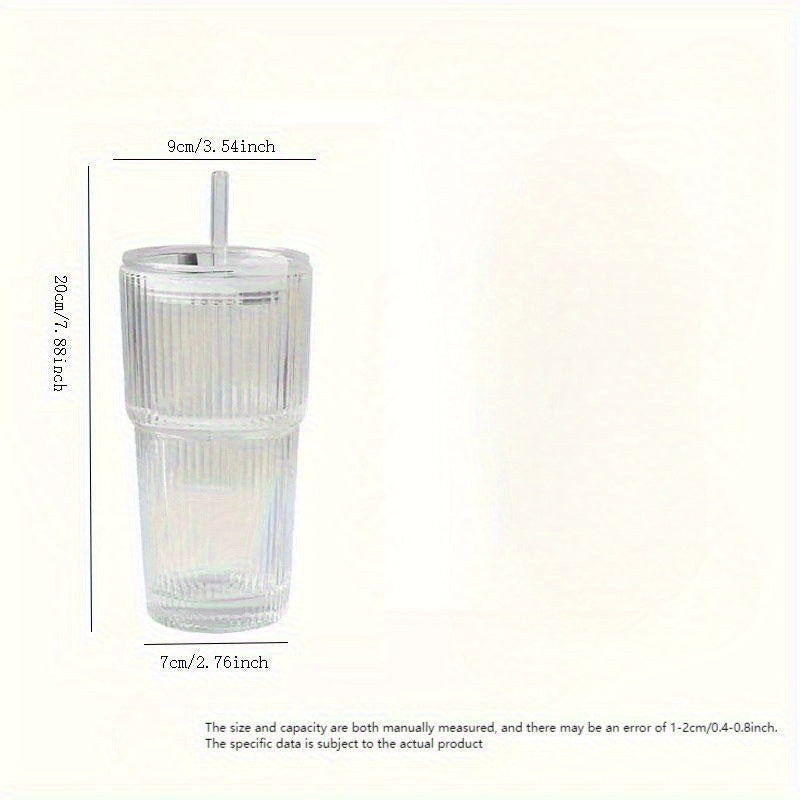 Premium räfflad glasmugg - värmebeständig dricksmugg med återanvändbart sugrör och spillsäkert lock