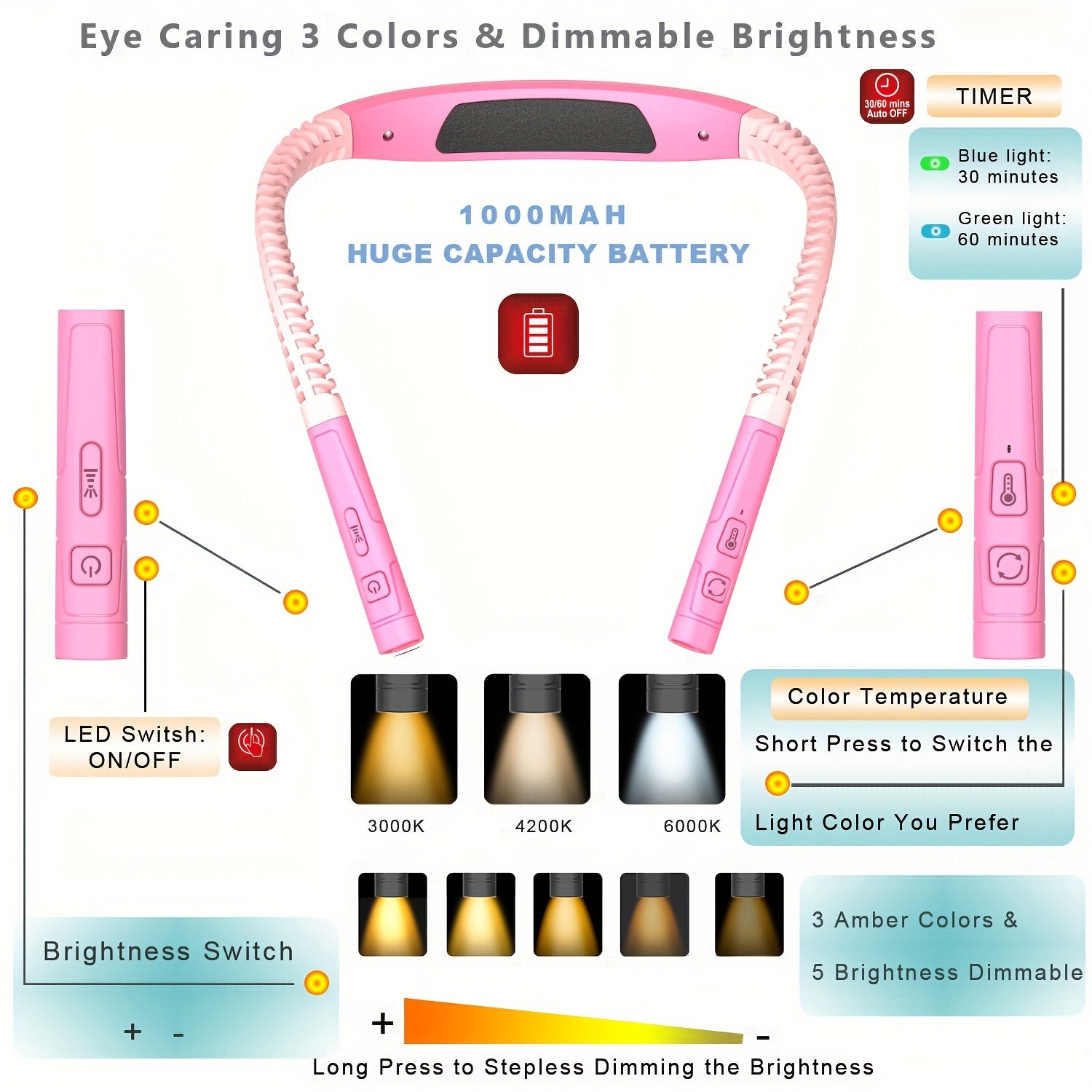 Uppladdningsbar läslampa för nacken – Dimbar handsfree LED-boklampa