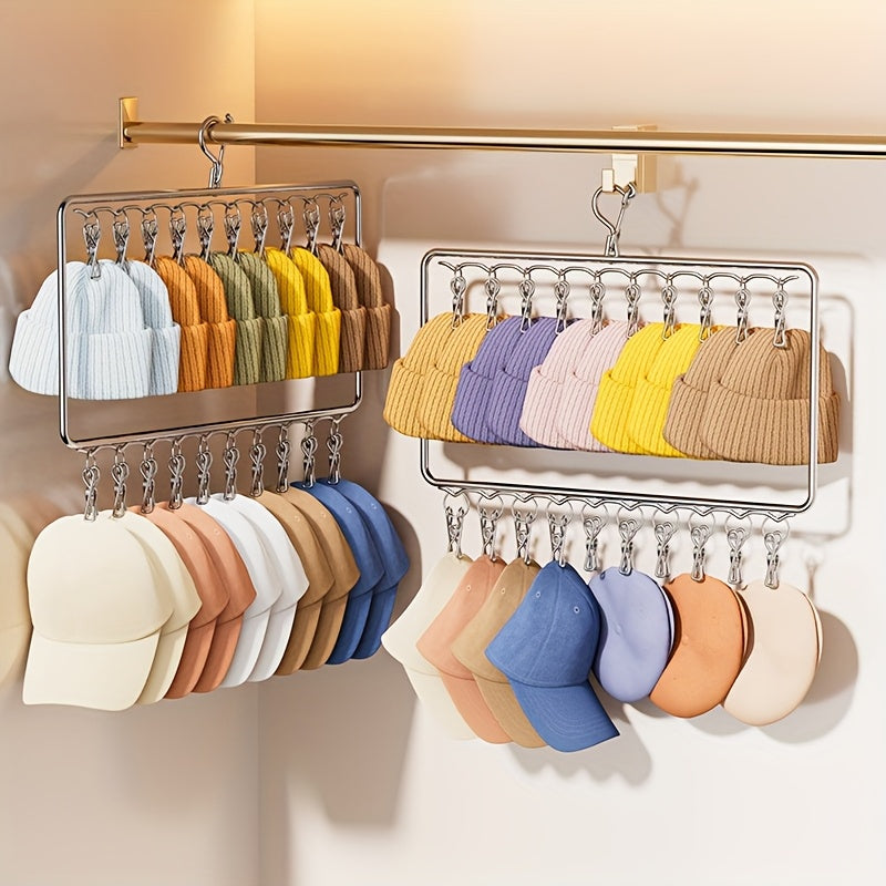 2-vånings hattorganisatör i garderoben – slitstark galge i stål med 20 klämmor för hattar och halsdukar