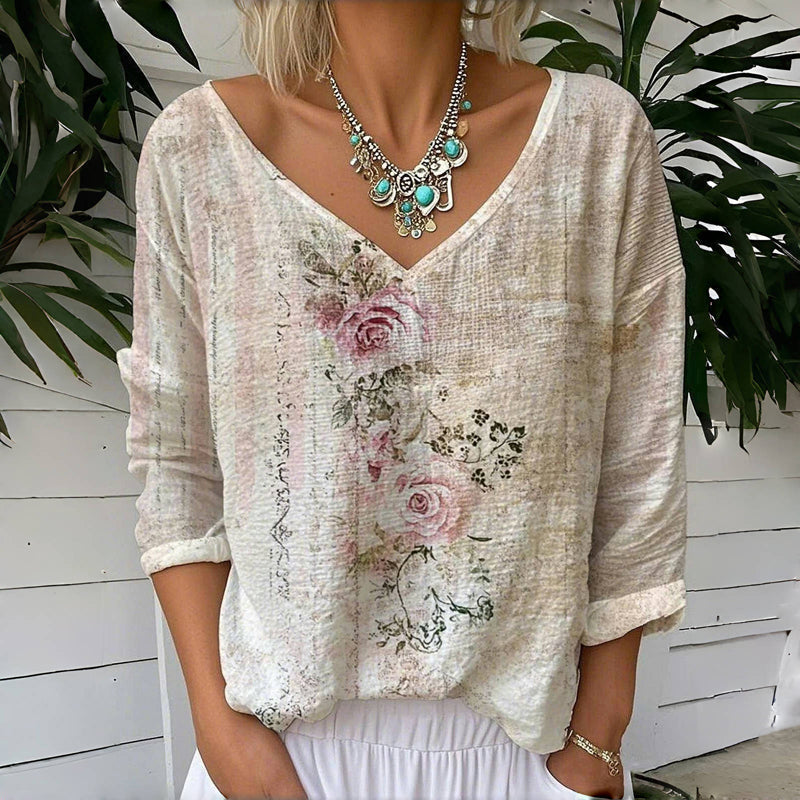 Damblus med vintageblommig V-ringning