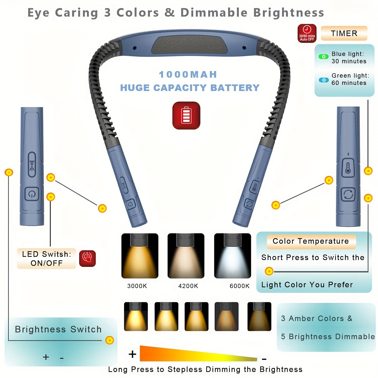 Uppladdningsbar läslampa för nacken – Dimbar handsfree LED-boklampa