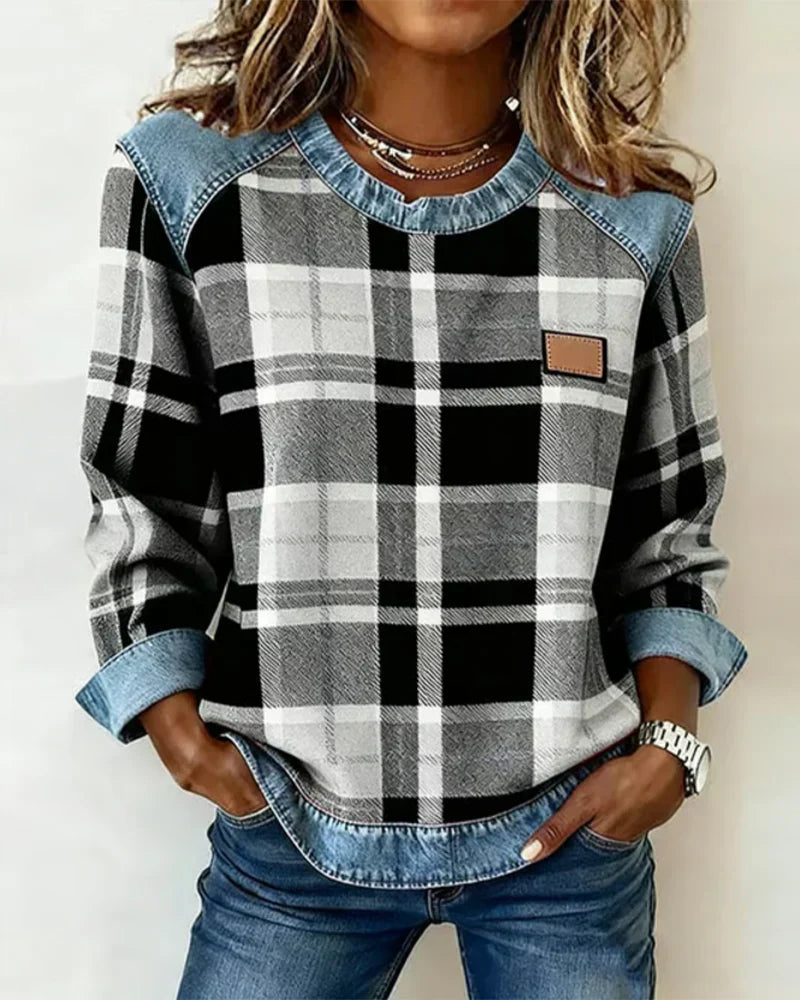 Rutig stickad tröja för kvinnor – Långärmad, avslappnad pullover med denimmönster