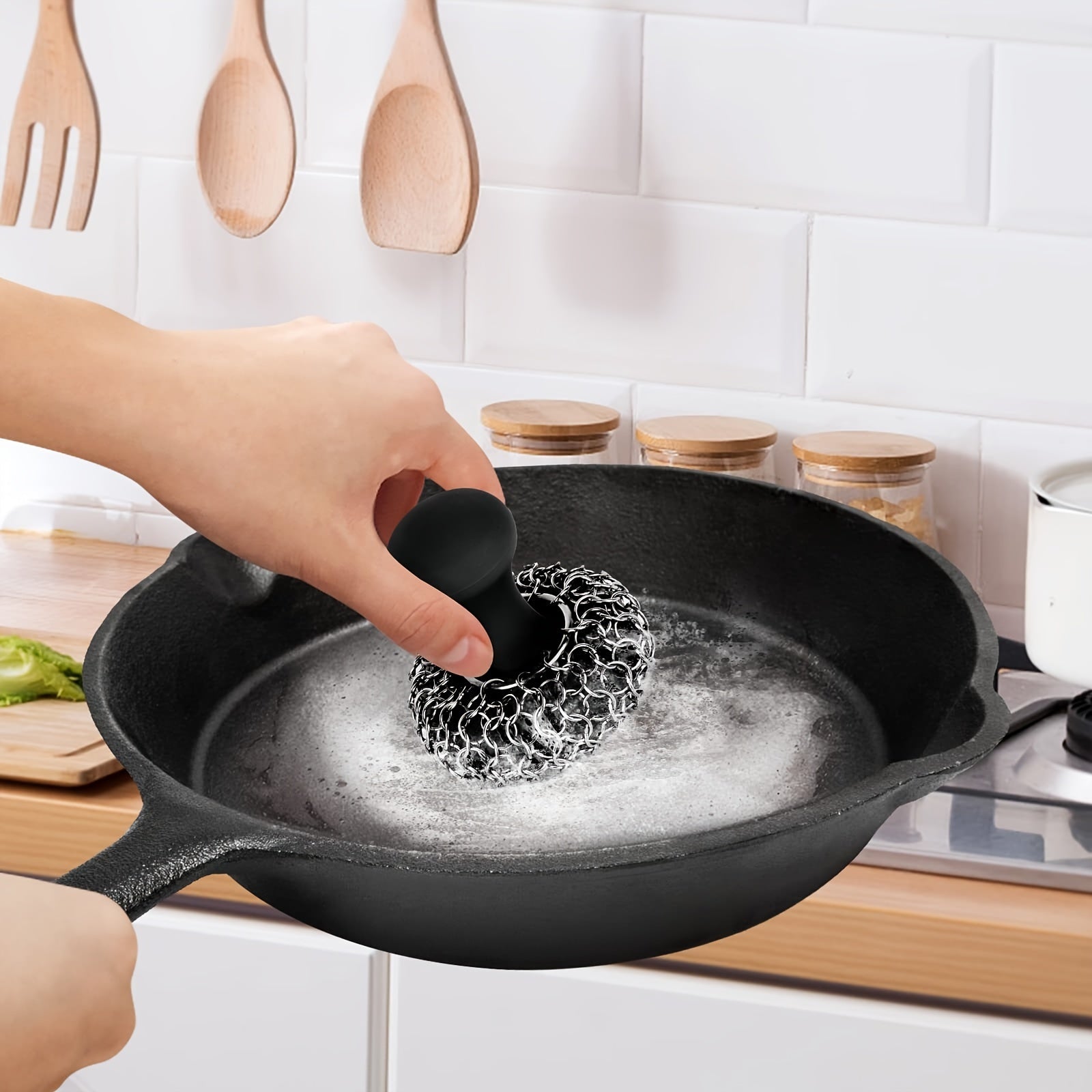 2-pack gjutjärnsskrubbare i ringbrynja – Kraftiga silikonpannrengöringsmedel