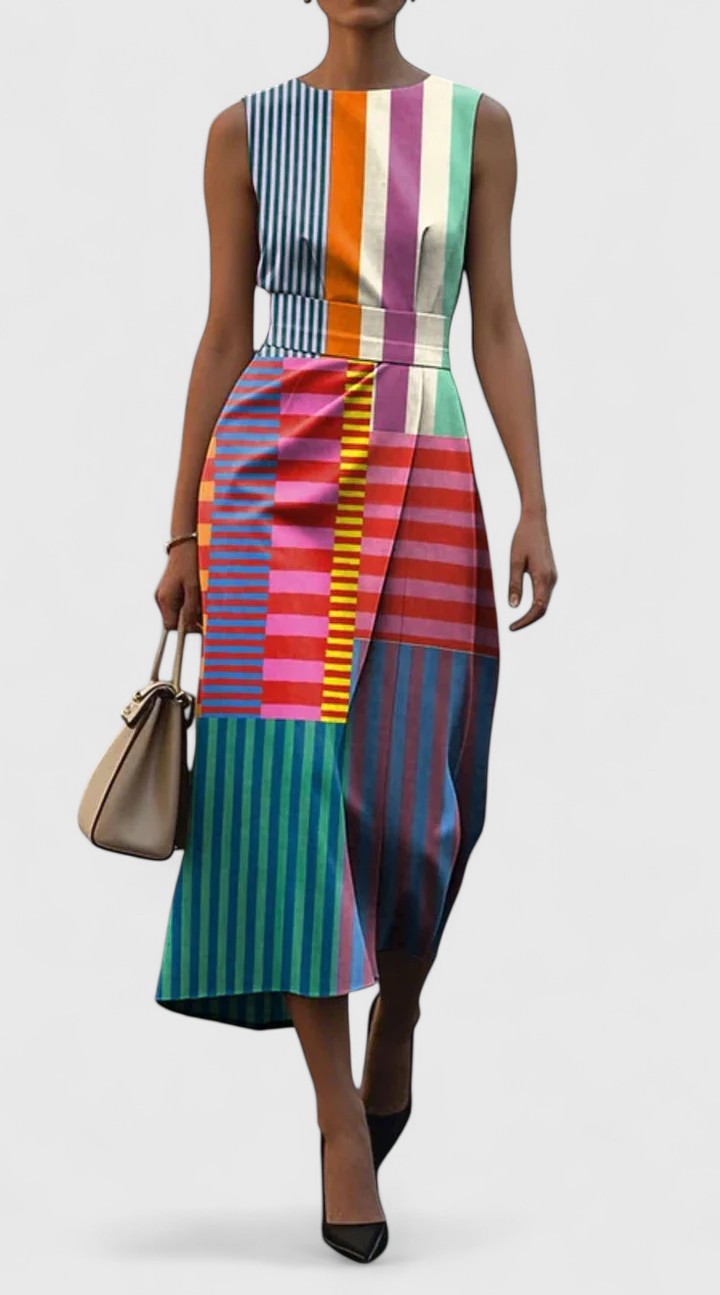 Elfrida | Midi-klänning i boho-chic stil med färgblock, ränder och patchwork – ärmlös modell med markerad midja