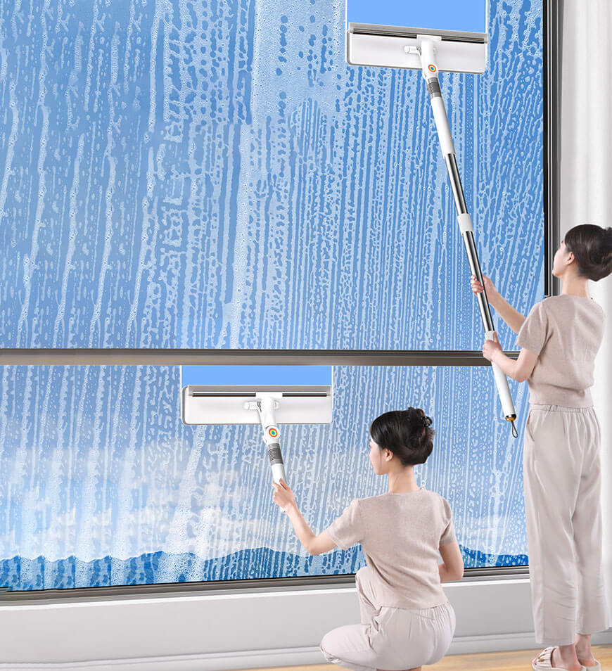 2-i-1 dubbelsidig fönsterputsare - Rändfri glasskrab med återanvändbara mikrofiberdynor