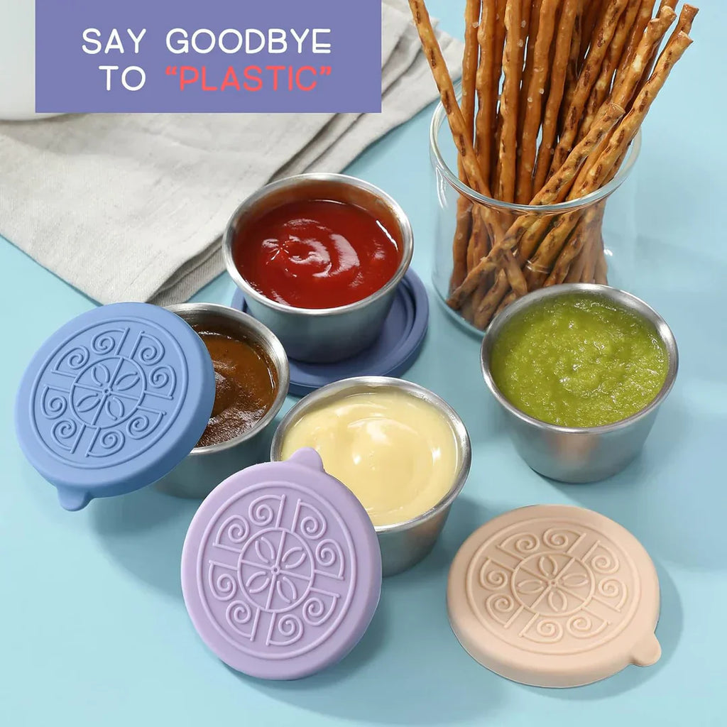 6-delade såsbehållare i rostfritt stål – läckagesäkra och bärbara matkoppar