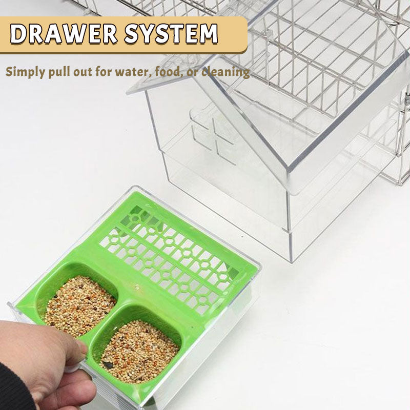 Transparent fågelmatare med tak - Utomhusbad och vattenstation för bur