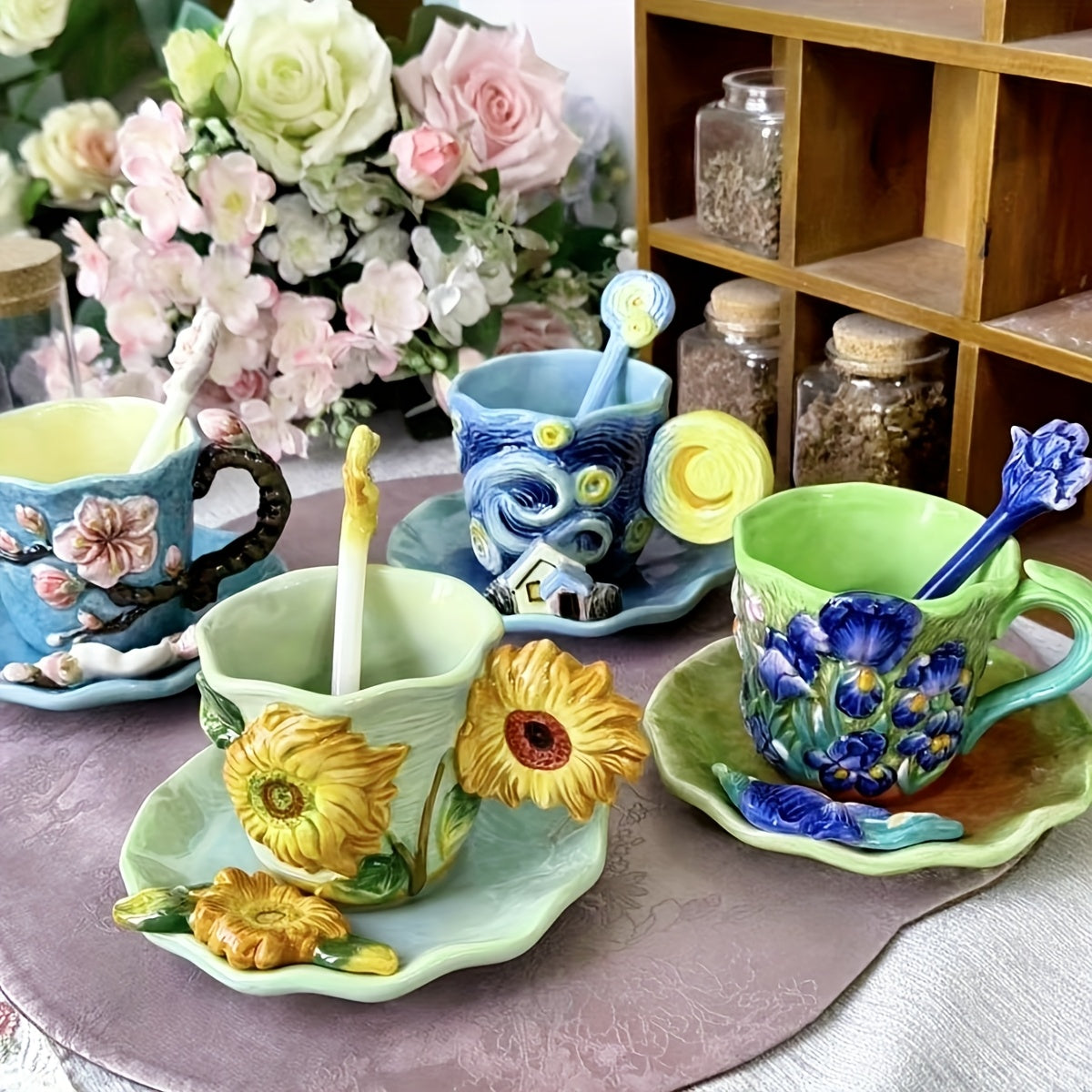 Künstlerische Teetasse und Untertasse aus Keramik im Van-Gogh-Stil