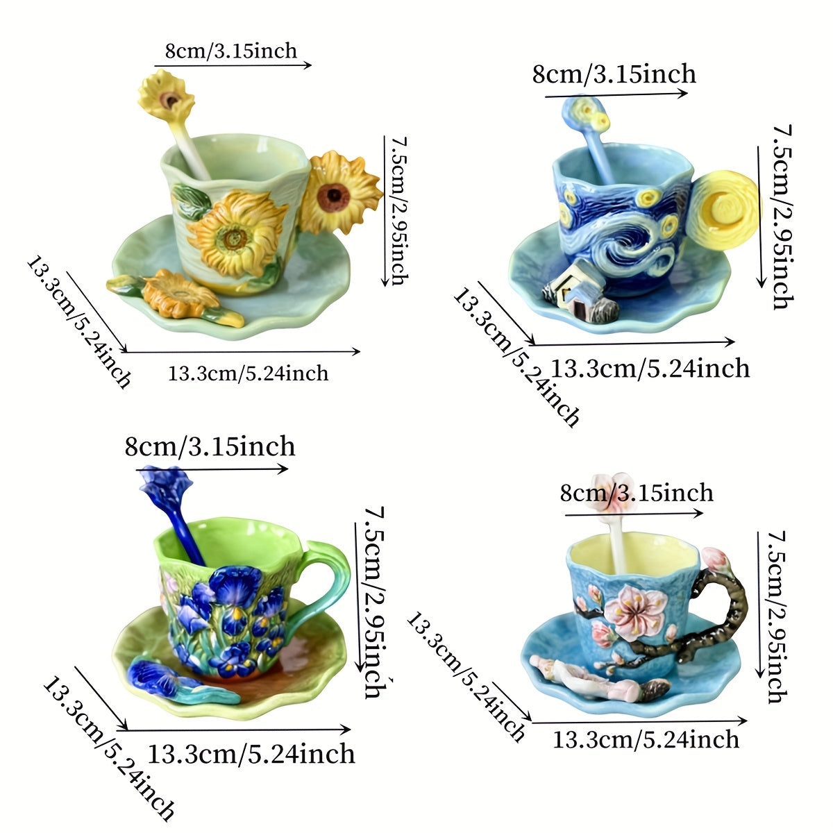 Künstlerische Teetasse und Untertasse aus Keramik im Van-Gogh-Stil
