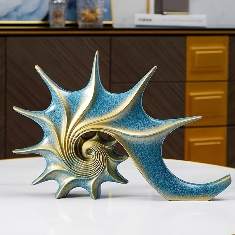 Elegant blå & guld snäckskulptur - Lyxig harts kustfantasi heminredningsdekor