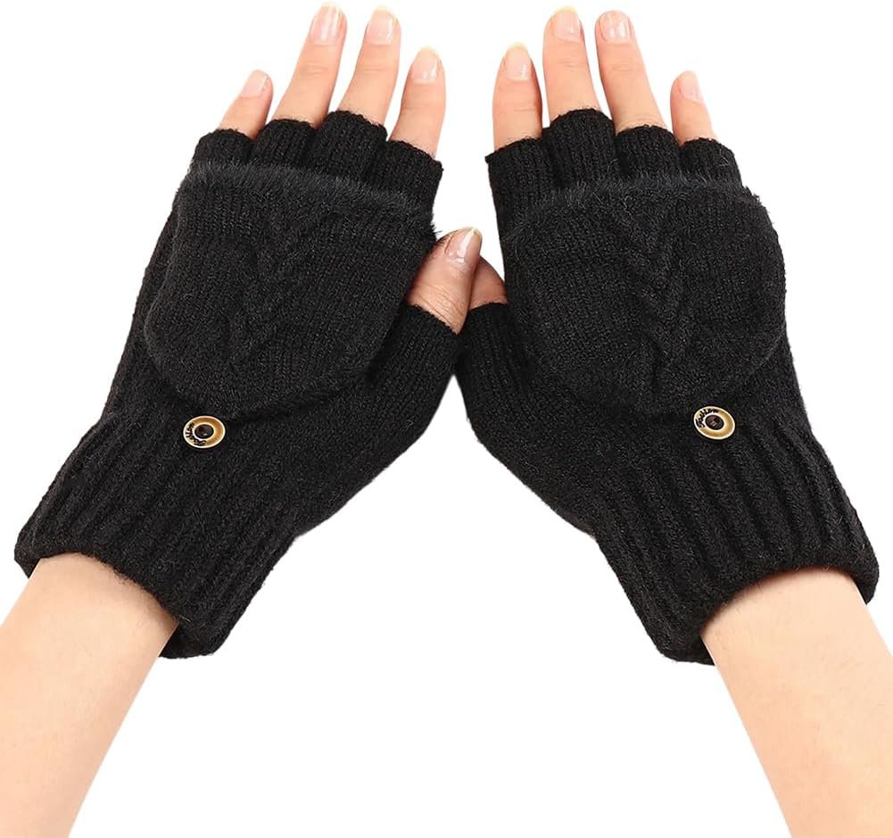 Mjuka vinterfingerlösa vantar – Stickade halvfingervantar med tumhålsdesign