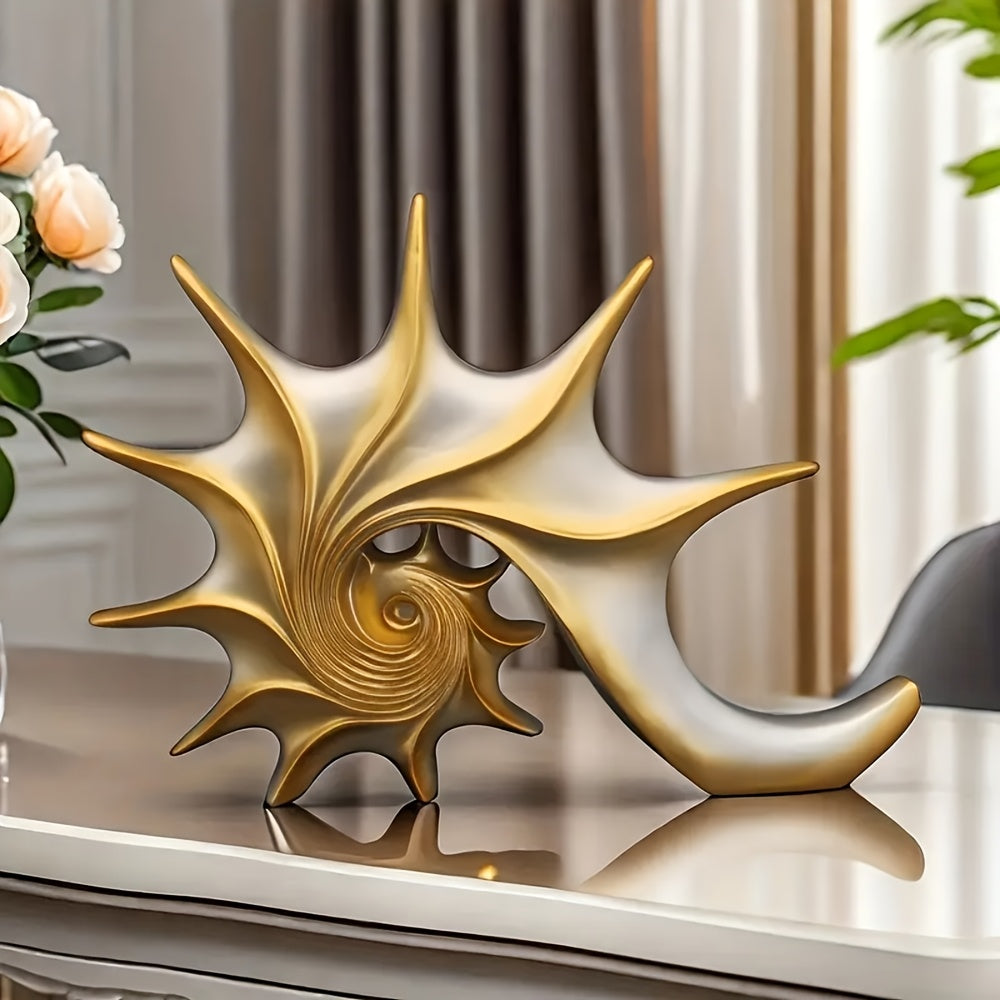 Elegant blå & guld snäckskulptur - Lyxig harts kustfantasi heminredningsdekor