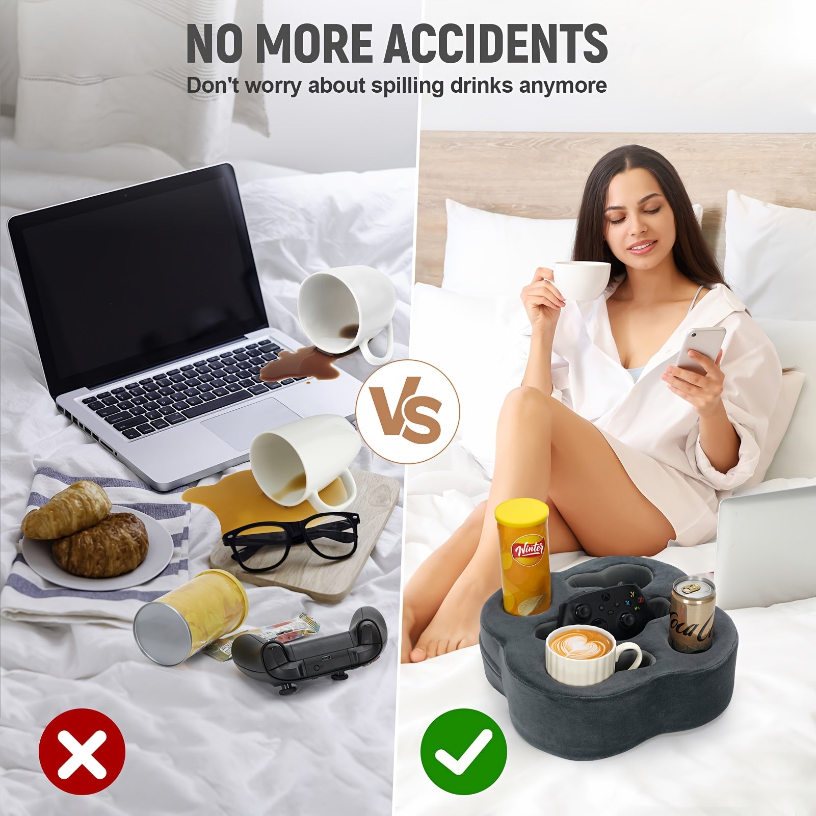 Bärbar soffa med mugghållare och kudde – plyschbricka för drycker, fjärrkontroller och tillbehör