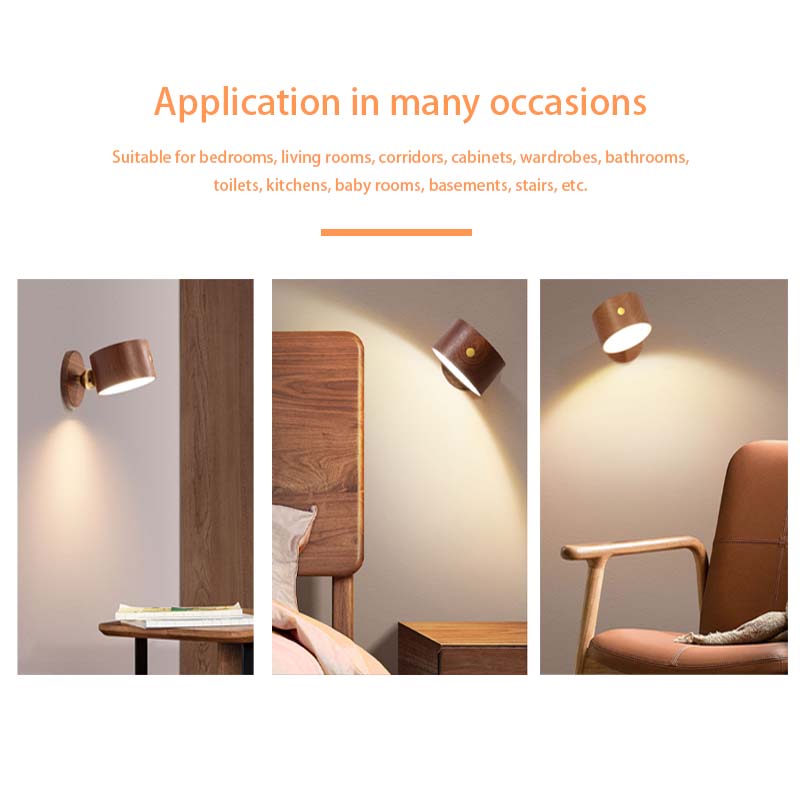 Modern magnetisk vägglampa i trä – Trådlös, slagfri LED-lampa för sovrum och hall