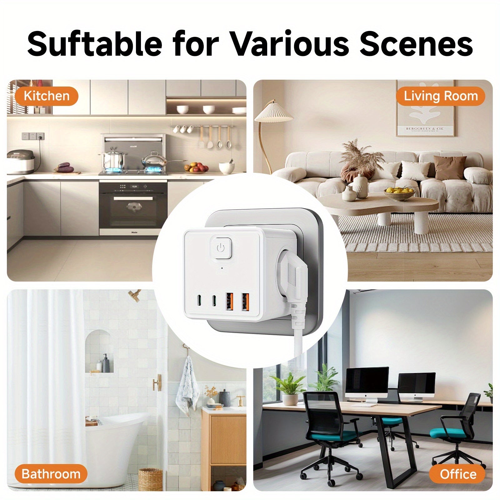 Smart grenuttag 7-i-1 – Multikontaktförlängning med USB- och typ-C-laddningsportar