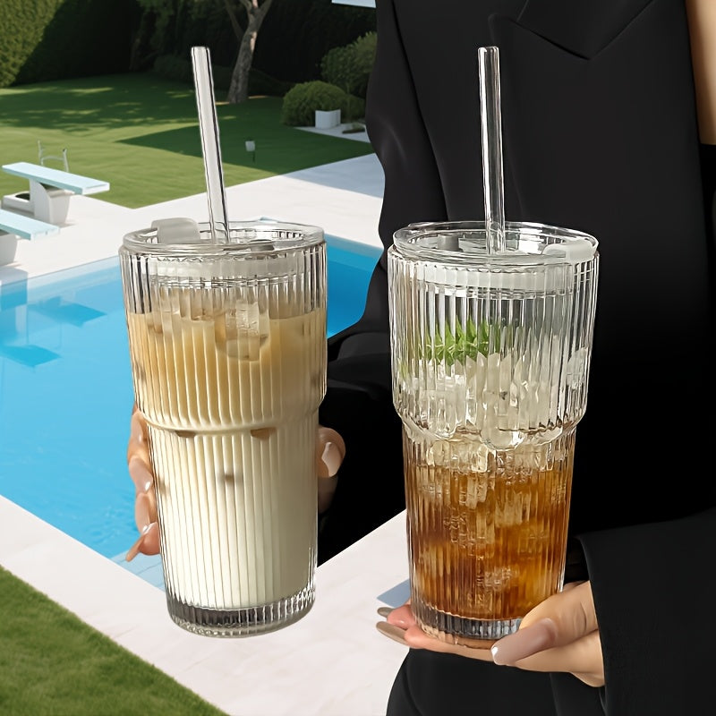 Premium räfflad glasmugg - värmebeständig dricksmugg med återanvändbart sugrör och spillsäkert lock