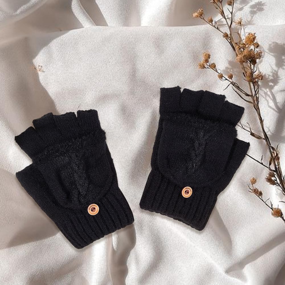 Mjuka vinterfingerlösa vantar – Stickade halvfingervantar med tumhålsdesign