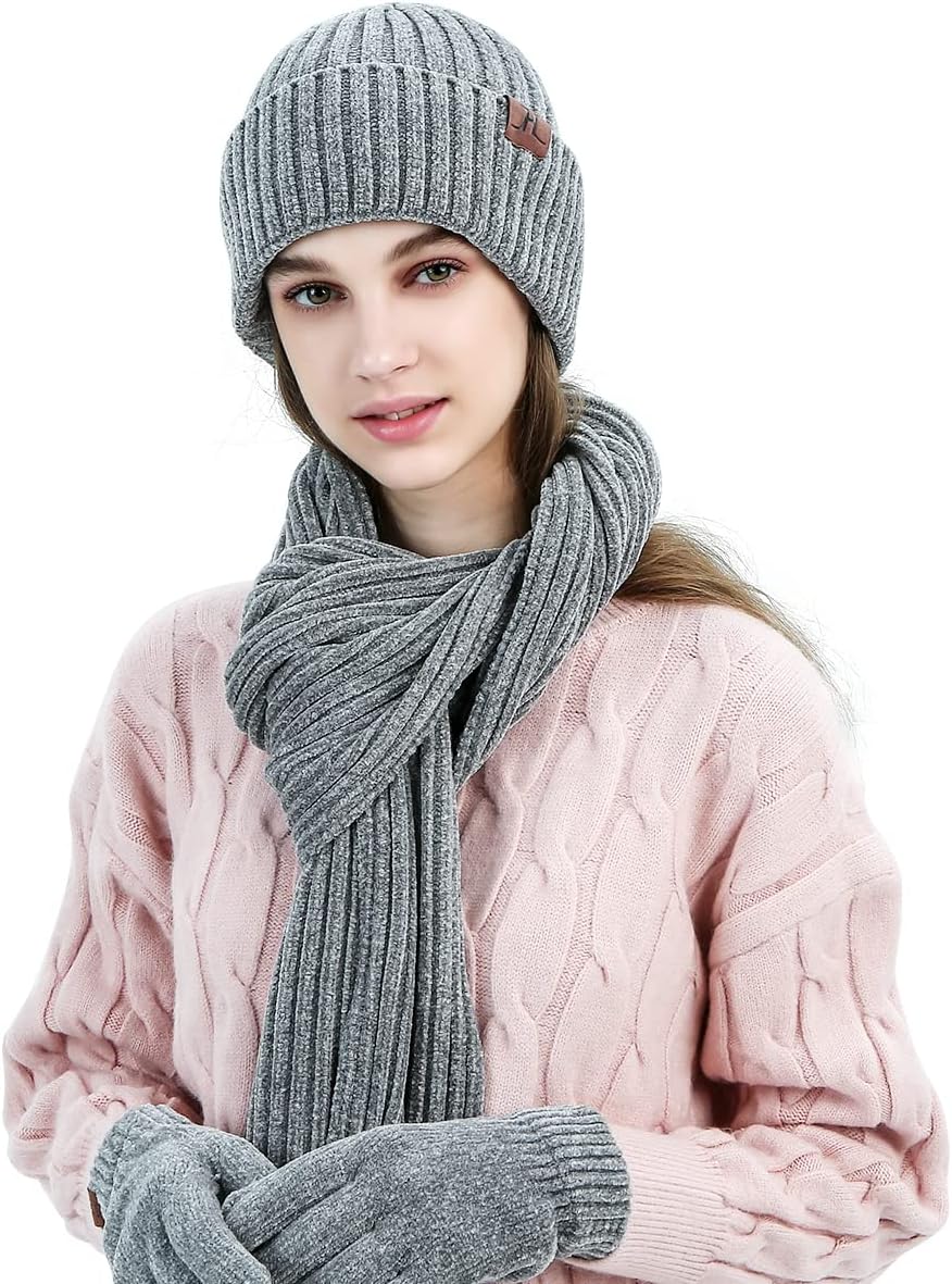 Stickat 3-i-1 vinterset för män och kvinnor - Varm mössa, halsduk och pekskärmshandskar